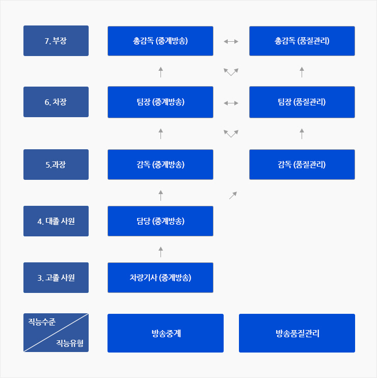 직능수준 (3 고졸사원) - 방송중계 : 차량기사  / 직능수준 (4 대졸사원) - 방송중계 : 담당 / 직능수준 (5 과장) - 방송중계 : 감독, 방송품질관리 : 감독 / 직능수준 (6 차장) - 방송중계 : 팀장, 방송품질관리 : 팀장 / 직능수준 (7) - 방송중계 : 총감독, 방송품질관리 : 총감독 (방송품질관리기획)